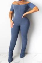 Grey Fashion Sexy Solid Polyester Short Sleeve one word collar Jumpsuits