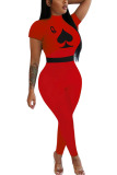 Red Fashion Sexy Print Polyester Short Sleeve O Neck Jumpsuits