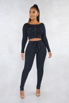Black Cotton Casual Fashion adult Patchwork Bandage Solid Two Piece Suits pencil Long Sleeve  Two-piece Pa