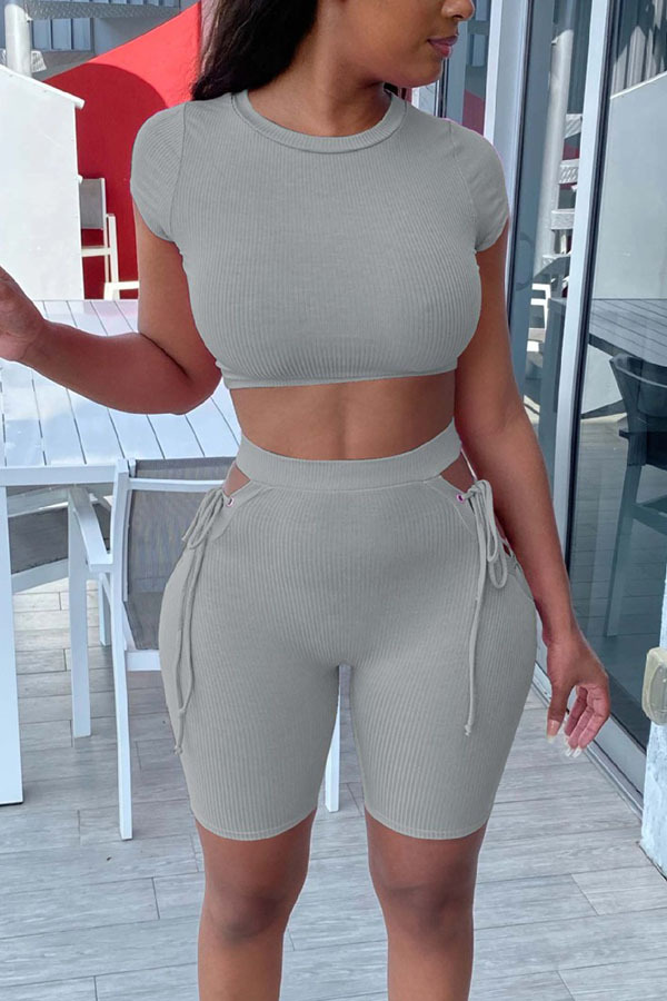 Grey Polyester Fashion Sexy adult Ma'am Solid Two Piece Suits Straight Short Sleeve Two Pieces