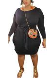 Black Polyester Fashion Casual adult Ma'am O Neck Solid Plus Size 