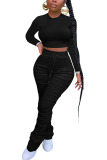 Black Polyester Fashion adult Ma'am Street Solid Draped Two Piece Suits pencil Long Sleeve Two Pieces