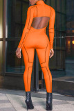 Orange Fashion Print Backless Milk. Long Sleeve O Neck Jumpsuits