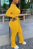 Yellow Polyester Fashion adult Ma'am Street Solid Draped Two Piece Suits pencil Long Sleeve Two Pieces