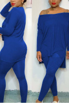 Blue Polyester Casual Solid pencil Long Sleeve Two Pieces