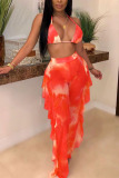 Orange Network Sexy Animal Prints Floral Print Mesh backless Loose Sleeveless Two Pieces