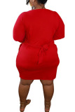 Red Polyester Fashion Casual adult Ma'am O Neck Solid Plus Size 