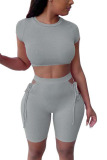 Grey Polyester Fashion Sexy adult Ma'am Solid Two Piece Suits Straight Short Sleeve Two Pieces