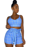 Blue Fashion Ma'am adult Sexy Two Piece Suits Patchwork Plaid Straight Sleeveless Two-Piece Sh