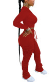 Red Polyester Fashion adult Ma'am Street Solid Draped Two Piece Suits pencil Long Sleeve Two Pieces