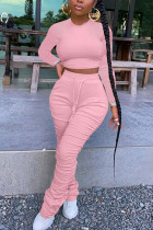 Pink Polyester Fashion adult Ma'am Street Solid Draped Two Piece Suits pencil Long Sleeve Two Pieces