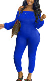 Blue Fashion Casual Solid Long Sleeve one word collar Jumpsuits