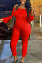 Red Fashion Casual Solid Long Sleeve one word collar Jumpsuits