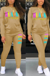 Khaki Fashion Casual adult Ma'am Letter Print Two Piece Suits pencil Long Sleeve Two Pieces