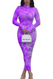 purple Polyester OL Long Sleeves Turtleneck Hip skirt Ankle-Length Print Draped Dresses