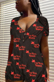 rose red Casual Print Short Sleeve V Neck Rompers