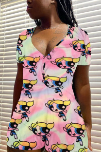 Yellow and pink Casual Print Short Sleeve V Neck Rompers