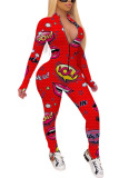 Red Fashion Sexy Print zipper Milk. Long Sleeve O Neck Jumpsuits