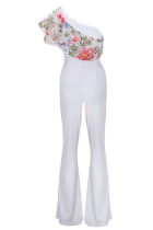 White Sexy Embroidery Ruffled nylon Sleeveless Asymmetrical Collar Jumpsuits