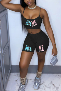 Black Sexy Letter Straight Sleeveless Two Pieces