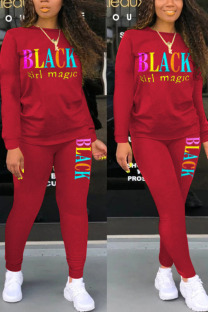 Wine Red Fashion Casual adult Ma'am Letter Print Two Piece Suits pencil Long Sleeve Two Pieces