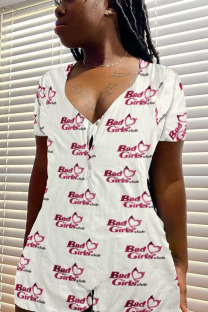White Casual Print Short Sleeve V Neck Rompers