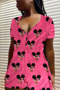 rose red Casual Print Short Sleeve V Neck Rompers