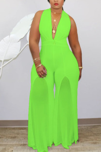 Fluorescent green Fashion Sexy V Neck Solid Stitching Plus Size