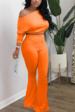 Orange Polyester Casual Celebrities Europe and America Solid Straight Long Sleeve Two Pieces