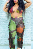 Green Polyester Sexy Halter Print Plus Size 