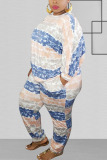 Blue Fashion Sexy adult Ma'am O Neck Striped Two Piece Suits Stripe Plus Size