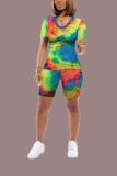 Orange and pink Casual Tie Dye pencil Short Sleeve Two Pieces