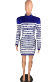 Blue  Casual Cap Sleeve Long Sleeves O neck Step Skirt Knee-Length Patchwork Print Character 