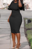 Black Fashion Sexy adult Ma'am O Neck Solid Stitching Plus Size