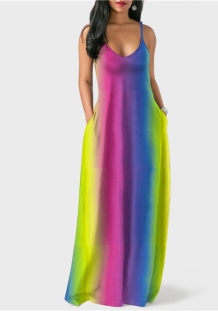 Yellow and pink Casual lower O-Neck Sleeveless Irregular skirt Long Maxi Dresses