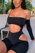 Black Sexy Solid Three Quarter Wrapped Rompers