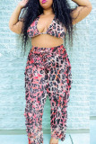 Pink Polyester Sexy Halter Print Plus Size 