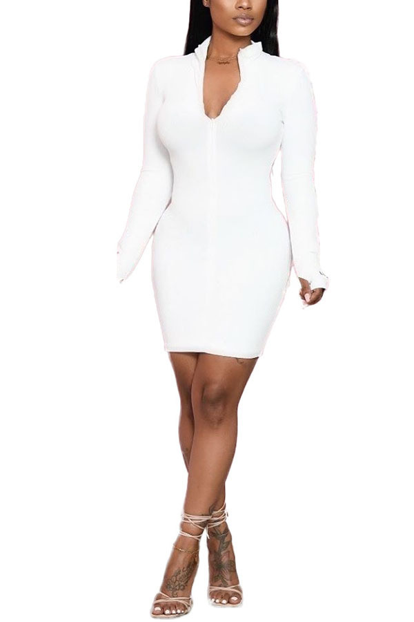 White Casual Long Sleeves V Neck Pencil Dress Mini Embroidery Solid Dresses