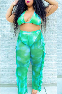 Green Polyester Sexy Halter Print Plus Size 