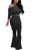 Black Polyester Casual Celebrities Europe and America Solid Straight Long Sleeve Two Pieces
