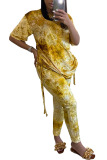 Yellow Velvet Fashion Casual adult Ma'am Tie Dye Draped Two Piece Suits pencil Short Sleeve Two Pieces