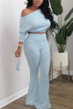 Light Blue Polyester Casual Celebrities Europe and America Solid Straight Long Sleeve Two Pieces