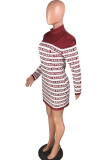 Wine Red  Casual Cap Sleeve Long Sleeves O neck Step Skirt Knee-Length Patchwork Print Character 