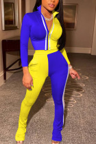 Blue venetian Fashion Casual adult Ma'am Patchwork Solid contrast color Two Piece Suits Straight Long Sleeve Two Pieces