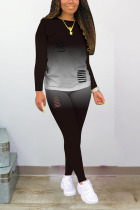 Black Sexy Print Hole Regular Long Sleeve Two Pieces