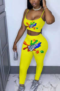 Yellow Casual Print pencil Sleeveless Two Pieces