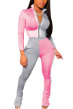 Pink venetian Fashion Casual adult Ma'am Patchwork Solid contrast color Two Piece Suits Straight Long Sleeve Two Pieces