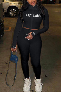 Black Fashion Sexy adult Ma'am Letter Solid Two Piece Suits pencil Long Sleeve Two Pieces
