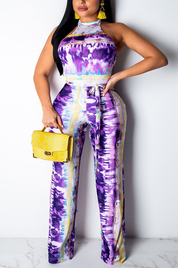 purple Fashion Sexy Print Tie-dyed Backless Polyester Sleeveless O Neck Jumpsuits