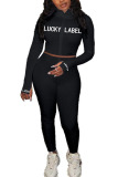 Black Fashion Sexy adult Ma'am Letter Solid Two Piece Suits pencil Long Sleeve Two Pieces